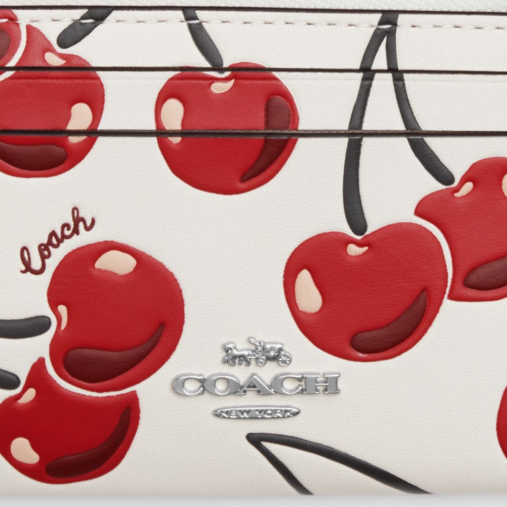 COACH®,Mini Skinny Id Case With Cherry Print,Leather,Coin,Card Case,Metal,Word Embellishment,Logo,Key Ring,Casual,Multi Color