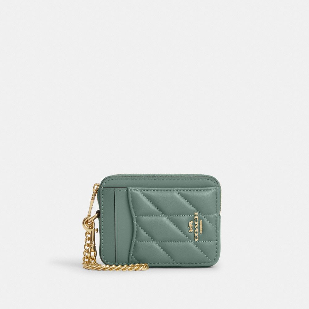 COACH®,Zip Card Case With Quilting,Green,Front View