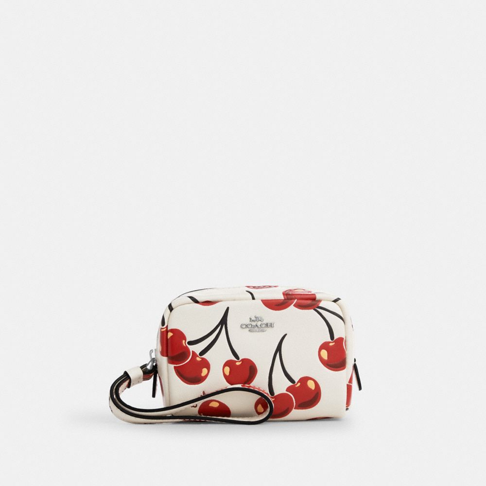 COACH®,Pouch Wristlet With Cherry Print,Leather,Coin,Wristlet,Logo,Metal,Casual,White,Front View