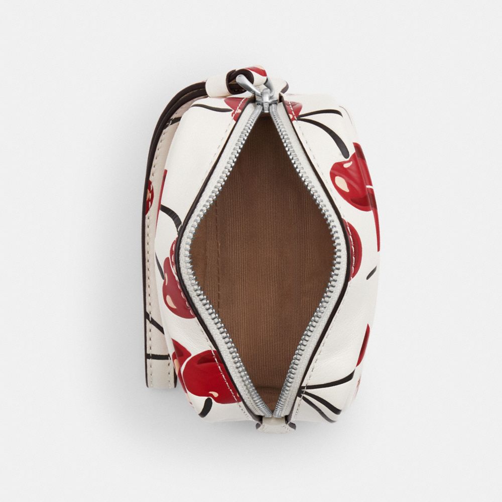 COACH®,Pouch Wristlet With Cherry Print,Leather,Coin,Wristlet,Logo,Metal,Casual,White,Inside View,Top View