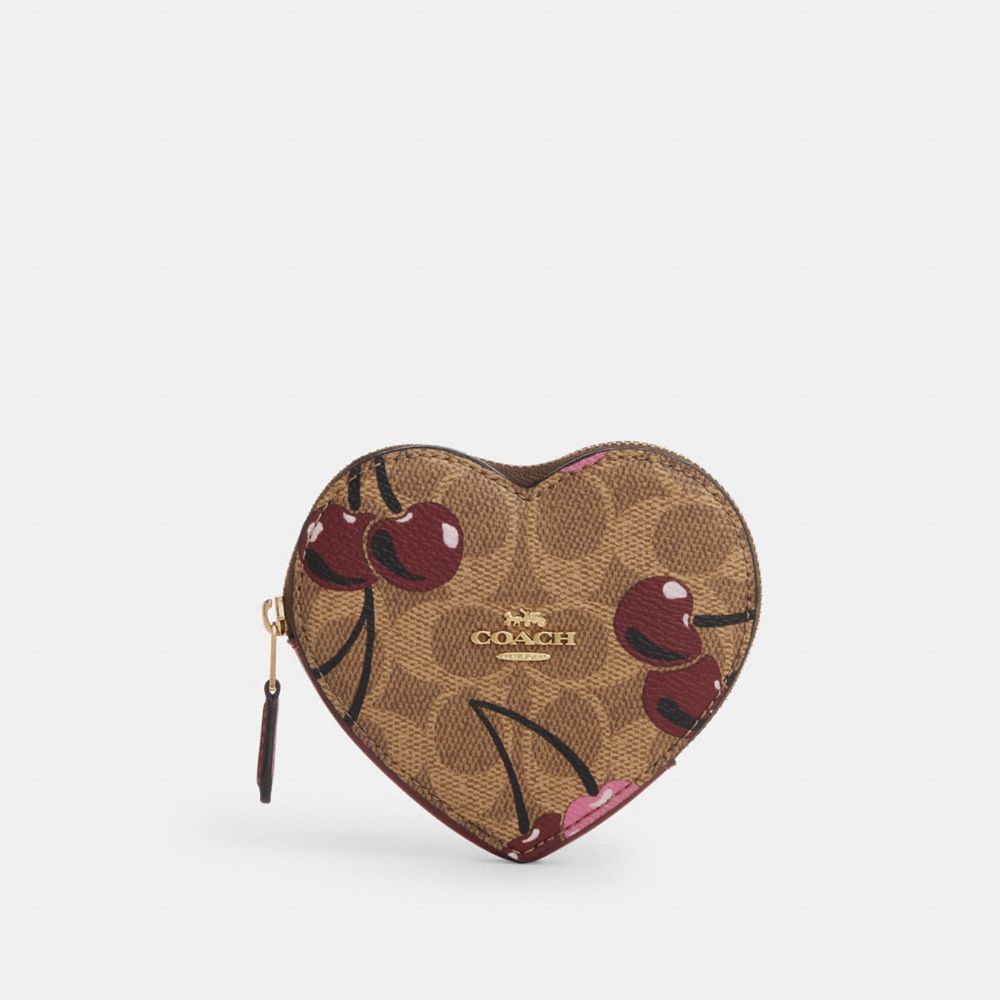 COACH®,Heart Coin Case In Signature Canvas With Cherry Print,Brown,Front View