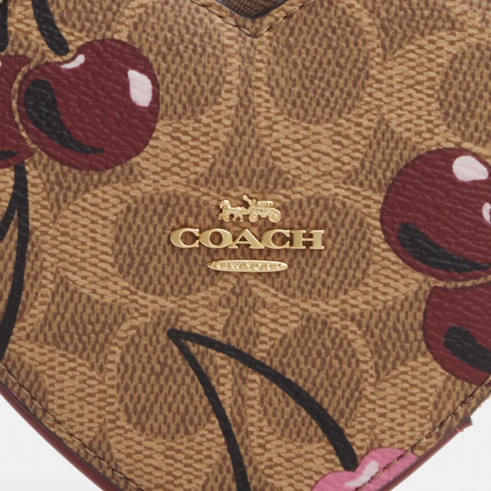 COACH®,Heart Coin Case In Signature Canvas With Cherry Print,Brown