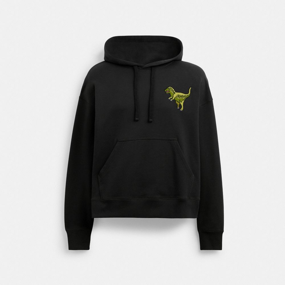 COACH®,Rexy Hoodie,Cotton,Sweatshirt,Drawstring,Embroidered,Casual,Black,Front View