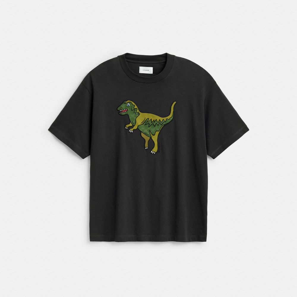 COACH®,Rexy Relaxed Fit T Shirt In Organic Cotton,Organic Cotton,T Shirt,Applique,Embroidered,Logo,Casual,Black,Front View