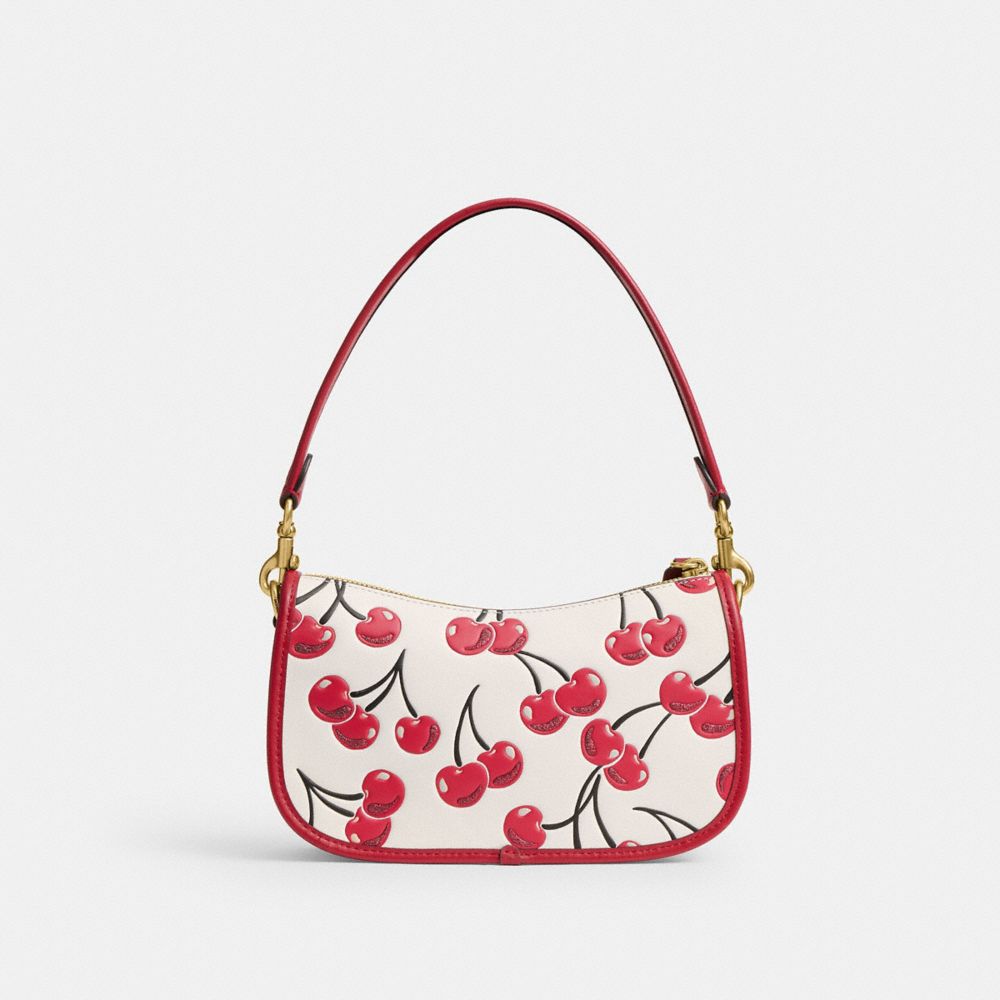 COACH®,Swinger Bag With Cherry Print,Shoulder Bag,Glitter,Logo,Piping,Brass,Casual,White,Back View