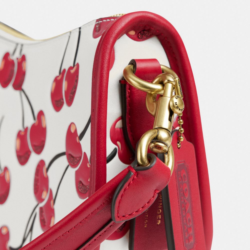 COACH®,Swinger Bag With Cherry Print,Shoulder Bag,Glitter,Logo,Piping,Brass,Casual,White,Closer View