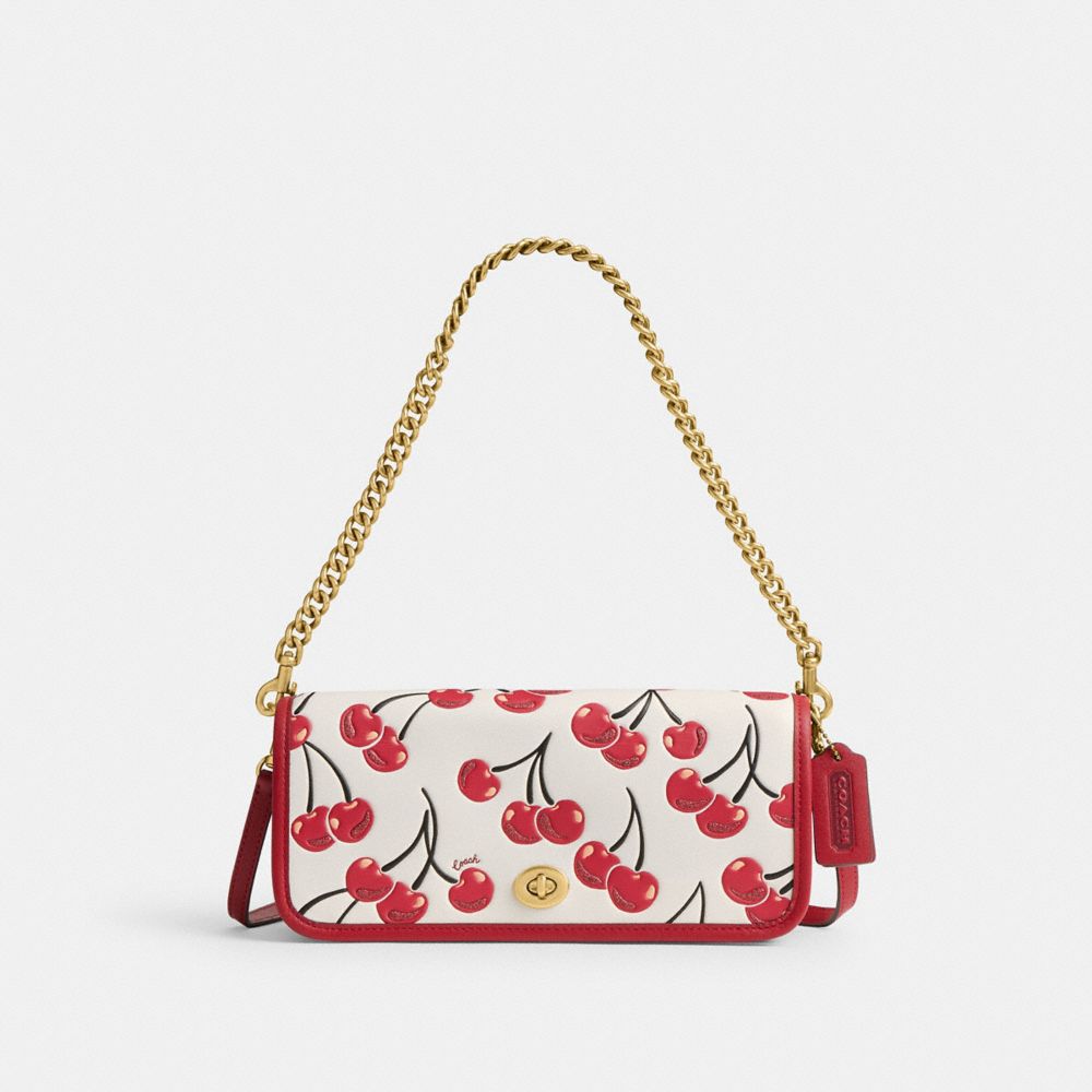 COACH®,Dinky Bag With Cherry Print,Shoulder Bag,Piping,Logo,Glitter,Brass,Day Party,White,Front View image number 0