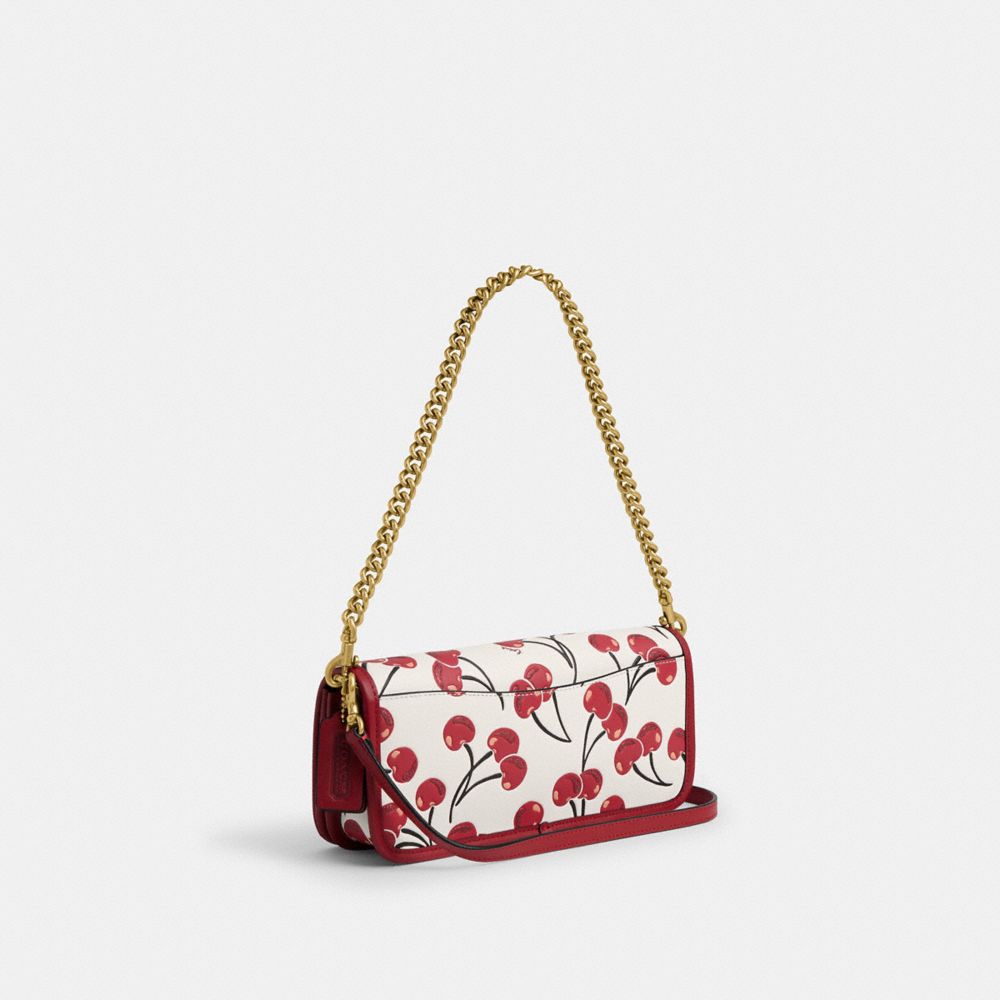 COACH®,Dinky Bag With Cherry Print,Shoulder Bag,Piping,Logo,Glitter,Brass,Day Party,White,Angle View