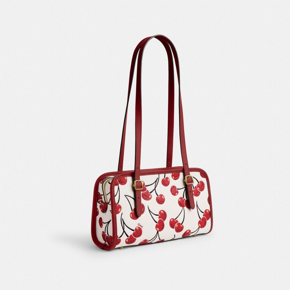 COACH®,Swing Zip Bag With Cherry Print,Leather,Shoulder Bag,Logo,Piping,Glitter,Adjustable,Brass,Day Party,White,Angle View