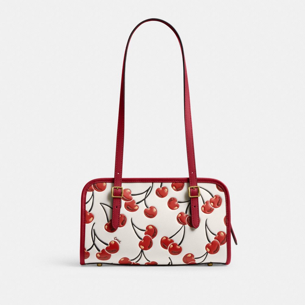 COACH®,Swing Zip Bag With Cherry Print,Leather,Shoulder Bag,Logo,Piping,Glitter,Adjustable,Brass,Day Party,White,Back View