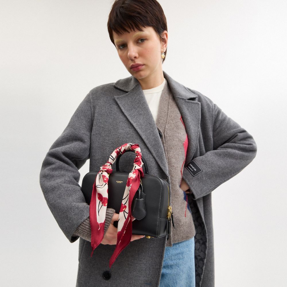 COACH®,Cursive Coach Script Cherry Swirl Print Silk Diamond Scarf,Silk,Bandana,Piping,Casual,White,Detail View