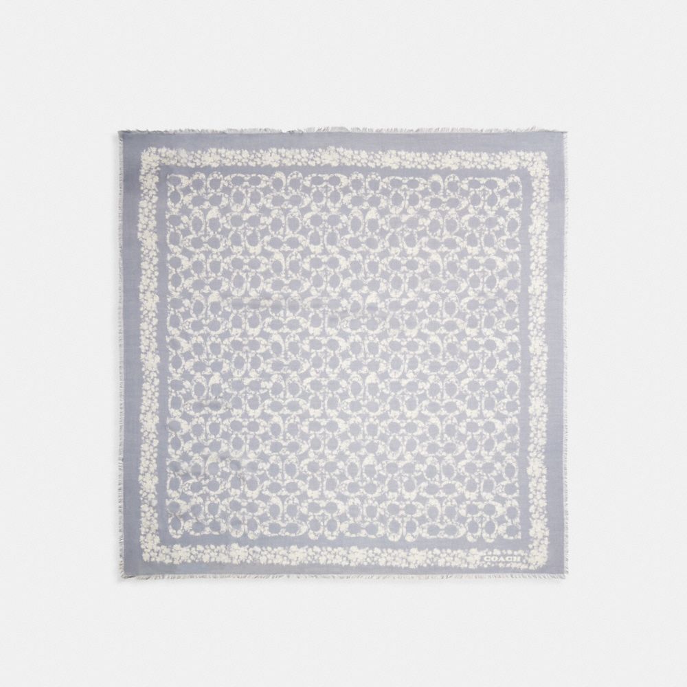 Coach Signature Rose Meadow Print Oversized Square Scarf In Grey Blue