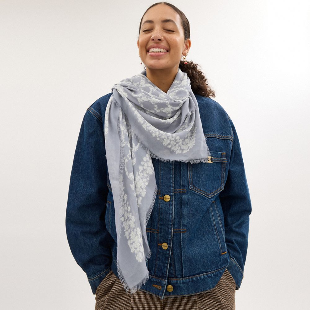 Coach Signature Rose Meadow Print Oversized Square Scarf In Grey Blue