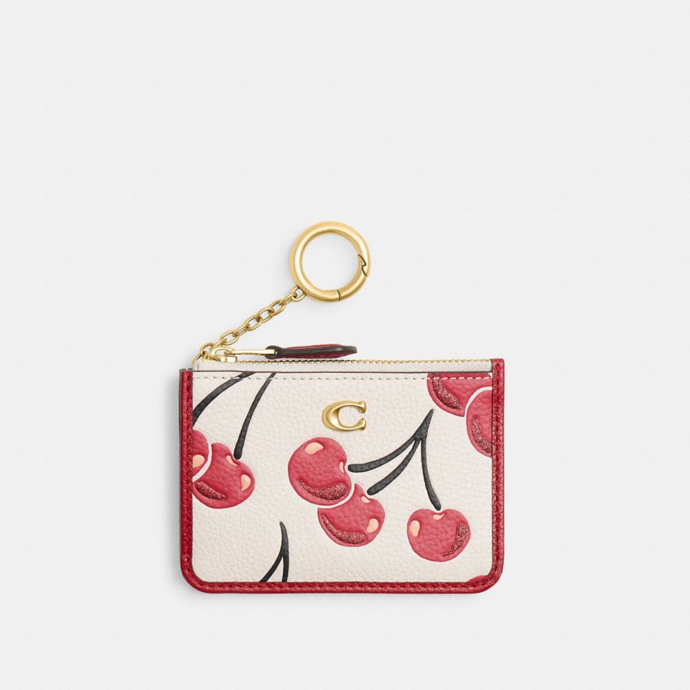 COACH®,Essential Mini Skinny Id Case With Cherry Print,Leather,Coin,Card Case,Logo,Metal,Piping,Glitter,Key Ring,Casual,Cream,Front View