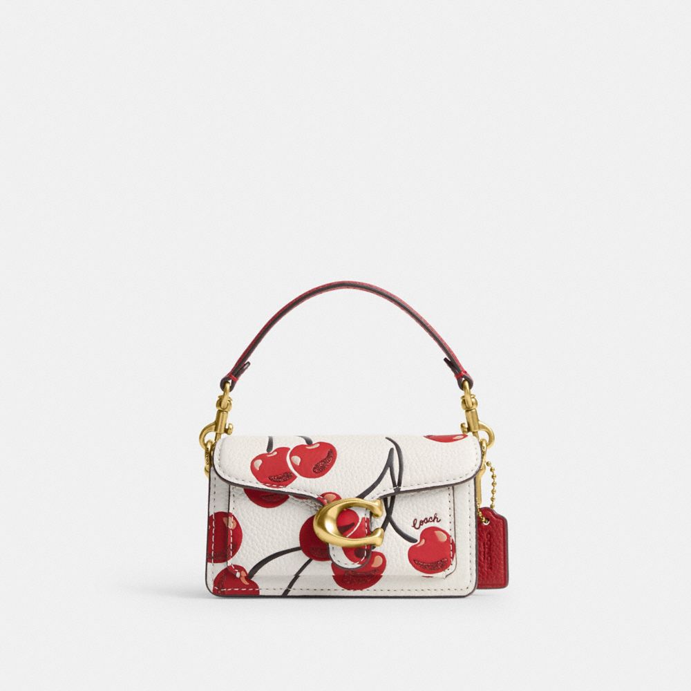 COACH®,Tabby Bag 12 With Cherry Print,Leather,Crossbody,Logo,Glitter,Metal,Casual,White,Front View