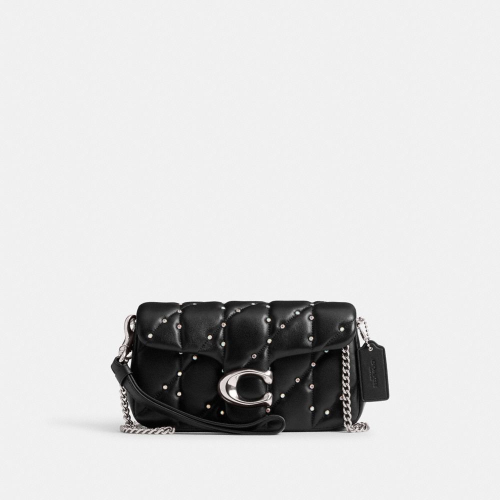 COACH®,Tabby Crossbody Wristlet With Pillow Quilting And Crystal Rivets,Wristlet,Logo,Metal,Rhinestones,Casual,Black,Front View