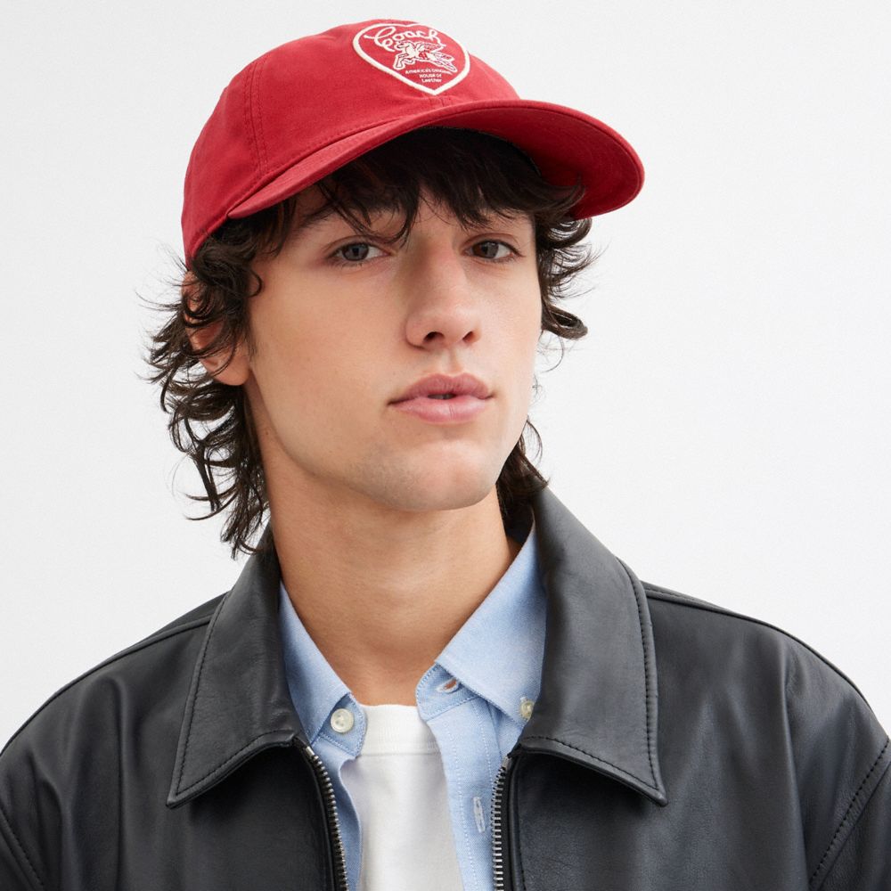 COACH®,Pegasus Print Baseball Hat,Cotton,Baseball Cap,Embroidered,Heart Embellishment,Logo,Breathable,Casual,Red,Angle View