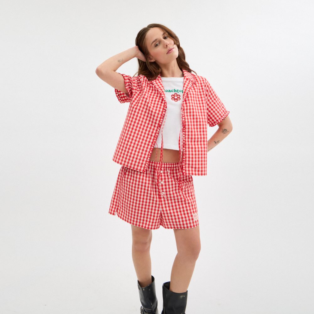 Coach Topia Loop Gingham Tie Front Shirt In Red/cloud