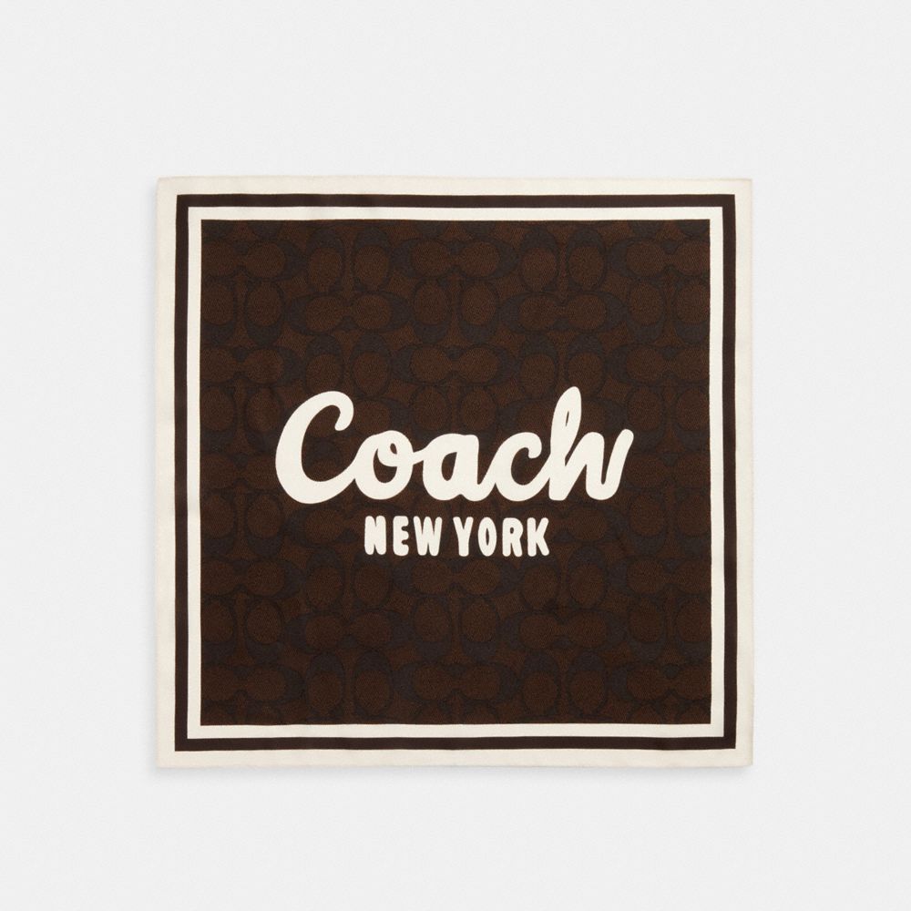 COACH®,Signature Cursive Coach Script Print Silk Bandana,Brown,Front View
