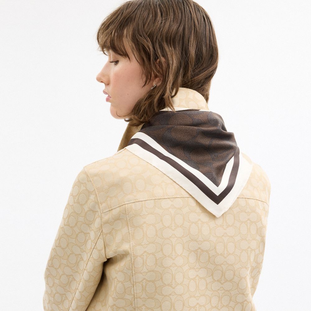COACH®,Signature Cursive Coach Script Print Silk Bandana,Brown,Detail View