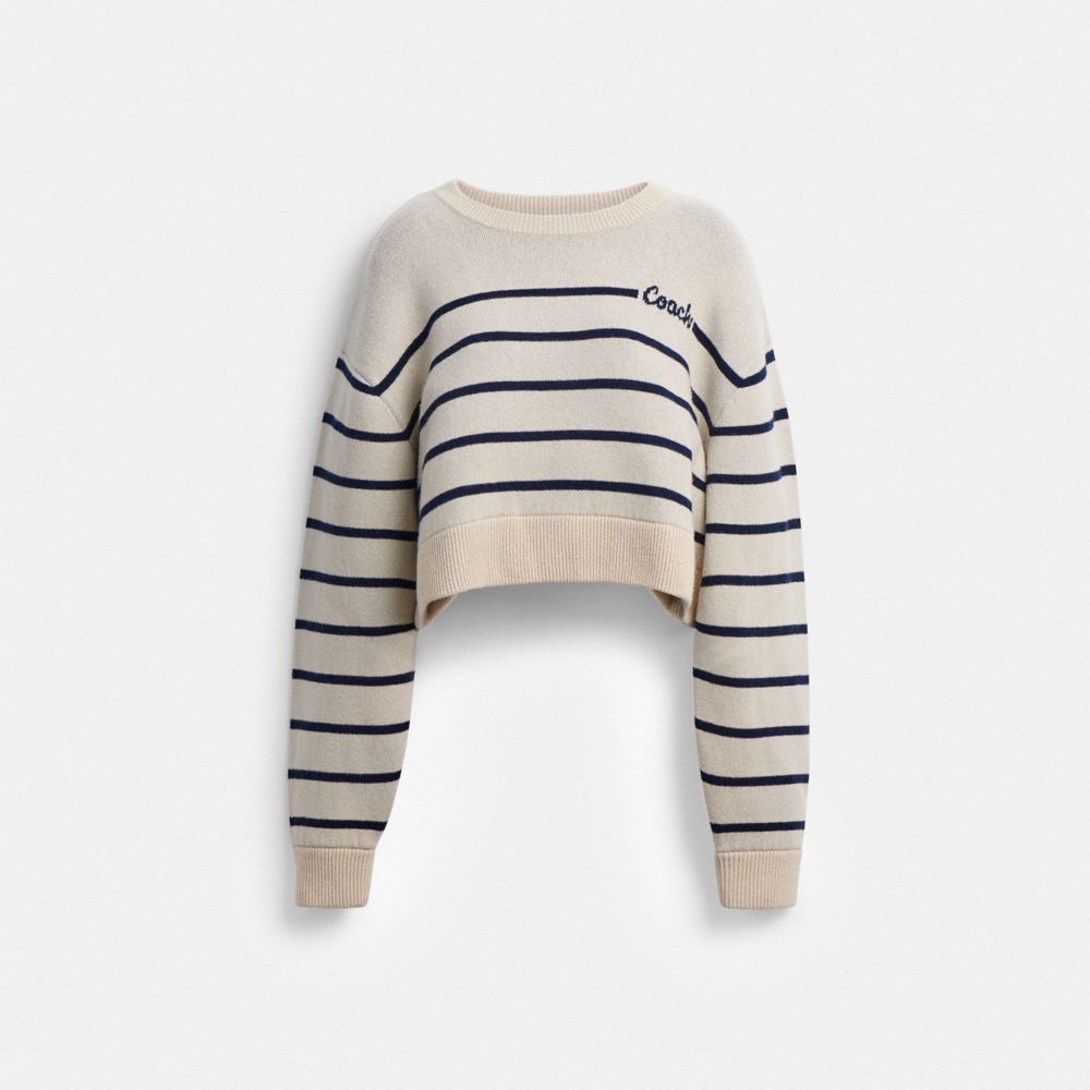 COACH®,Cursive Signature Striped Cropped Sweater,Cotton,Cashmere,Wool,Pullover,Sweater,Logo,Word Embellishment,Casual,Cream,Front View