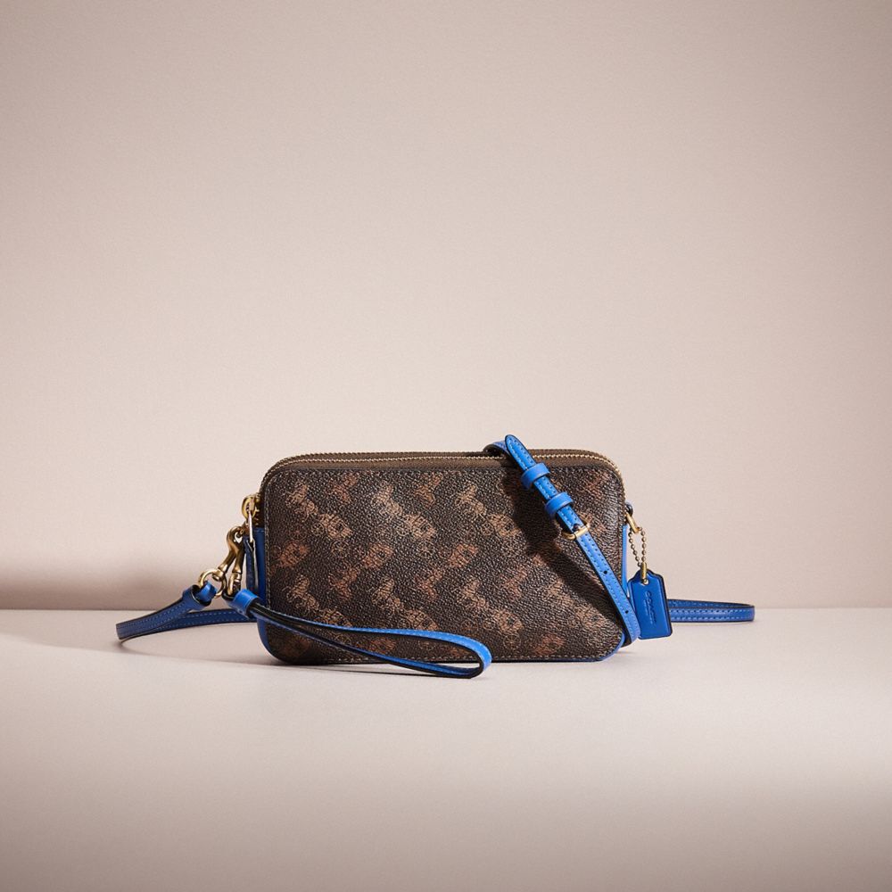 COACH®,RESTORED KIRA CROSSBODY WITH HORSE AND CARRIAGE PRINT,Brass/Truffle Fin Blue,Front View