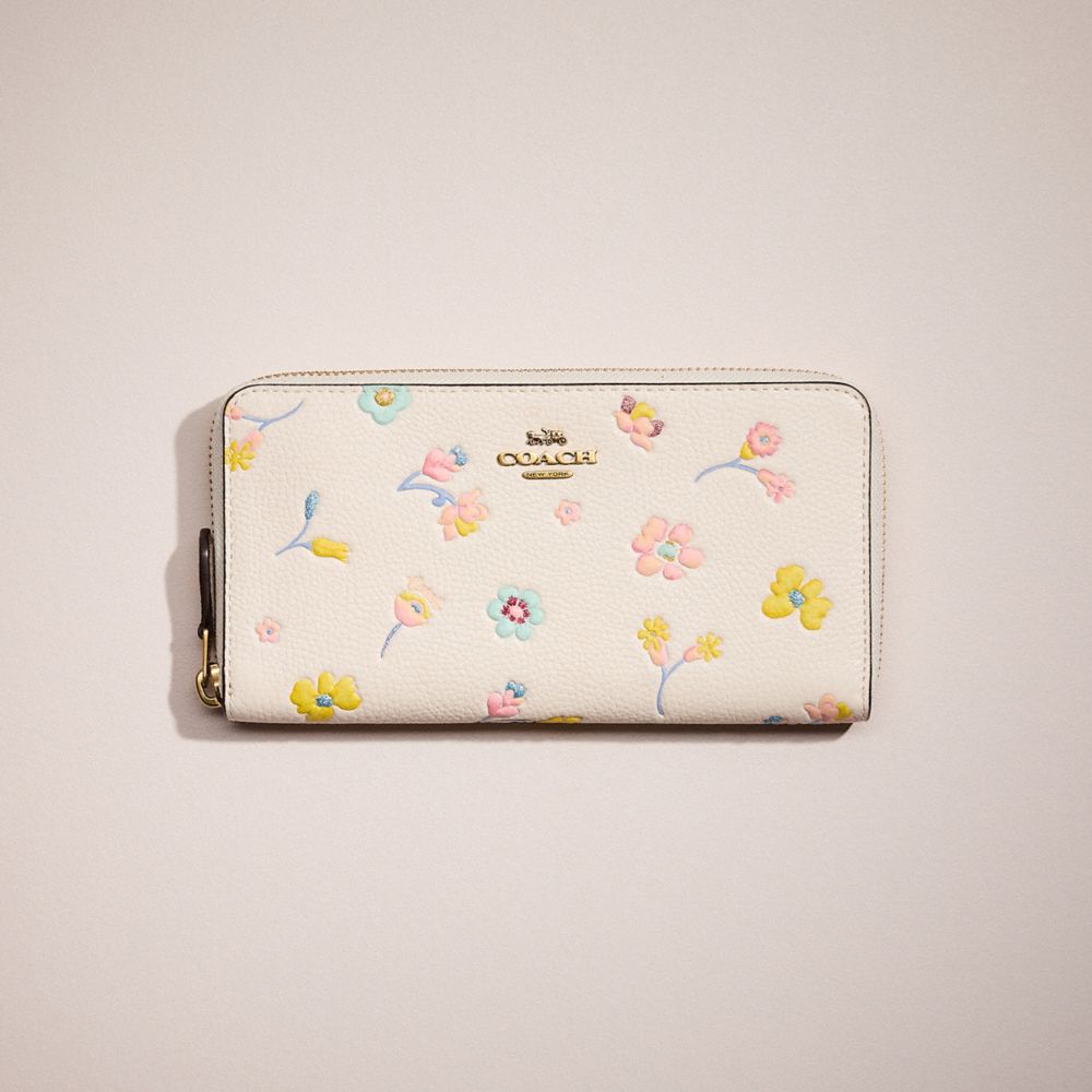 COACH®,RESTORED ACCORDION ZIP WALLET WITH WATERCOLOR FLORAL PRINT,Brass/Chalk Multi,Front View