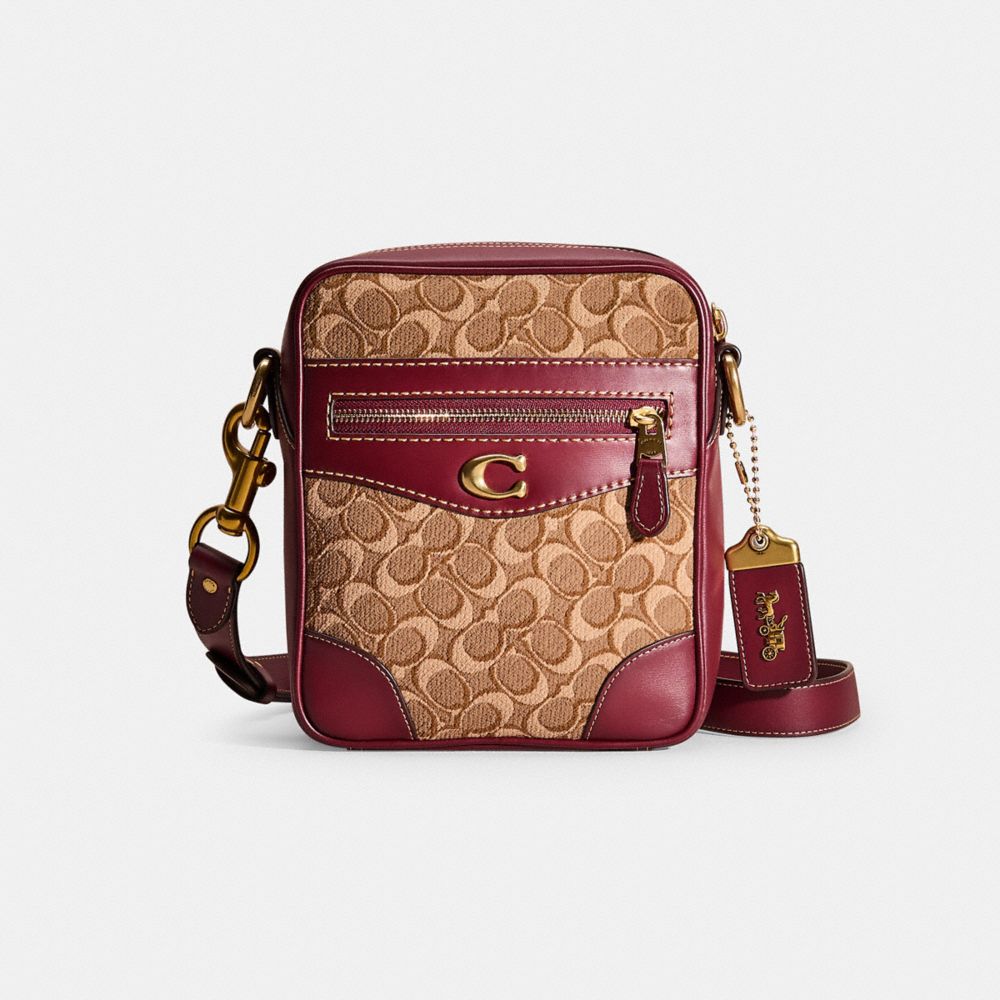 COACH®,RESTORED MAX CROSSBODY 18 IN SIGNATURE JACQUARD,Brass/Khaki/Scarlet,Front View