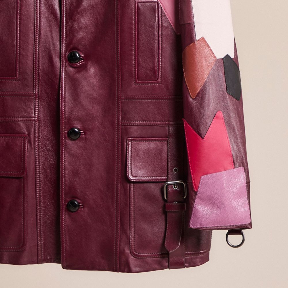 COACH®,Upcrafted Leather Jacket,Leather,Leather,Color Block,D Ring Embellishment,Patchwork,Casual,Maroon,Scale View
