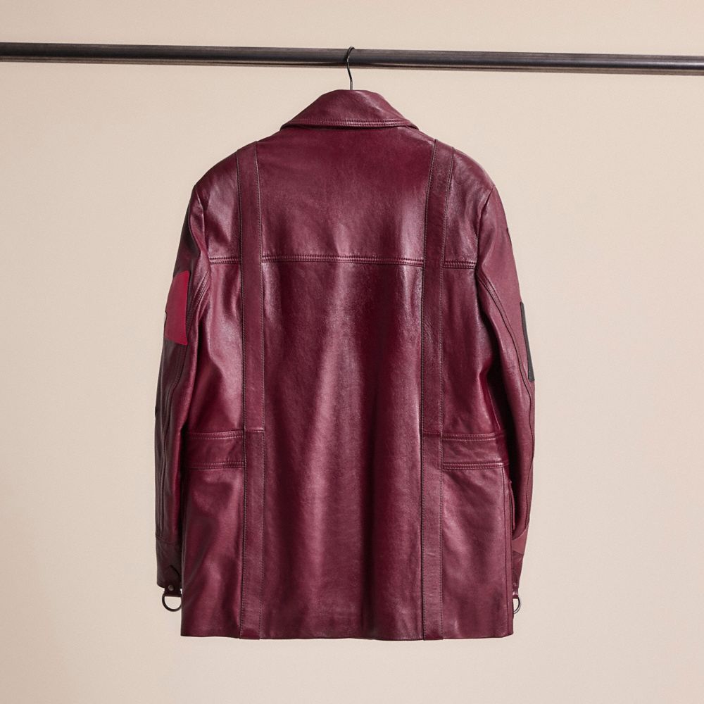 COACH®,Upcrafted Leather Jacket,Leather,Leather,Color Block,D Ring Embellishment,Patchwork,Casual,Maroon,Back View