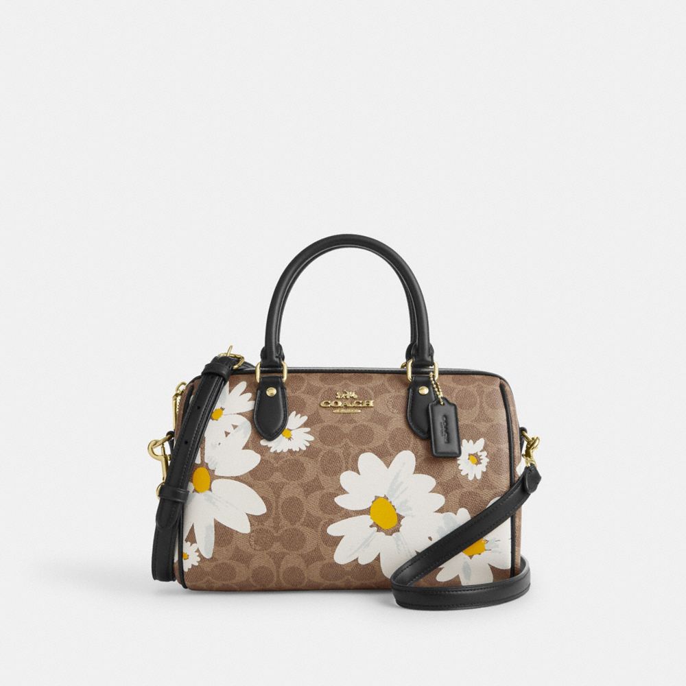 COACH®,Rowan Satchel Bag In Signature Canvas With Floral Print,Brown,Front View