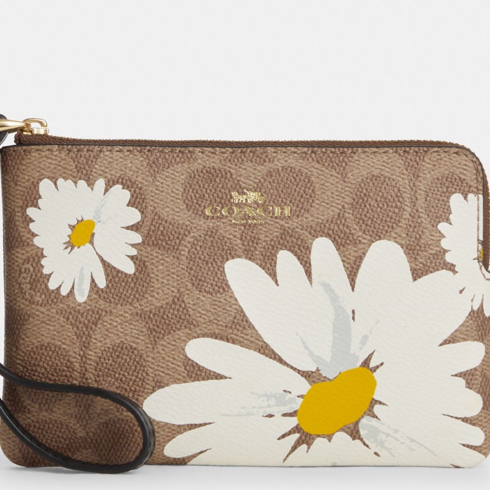 COACH®,Corner Zip Wristlet In Signature Canvas With Floral Print,Canvas,Wristlet,Casual,Brown