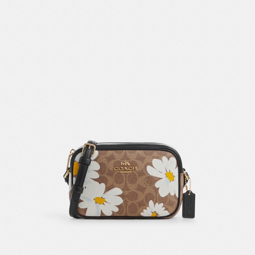 COACH®,MINI SAC POUR APPAREIL PHOTO JAMIE EN TOILE SIGNATURE AVEC IMPRIMÉ À FLEURS,Toile exclusive,Or/Havane multi,Front View