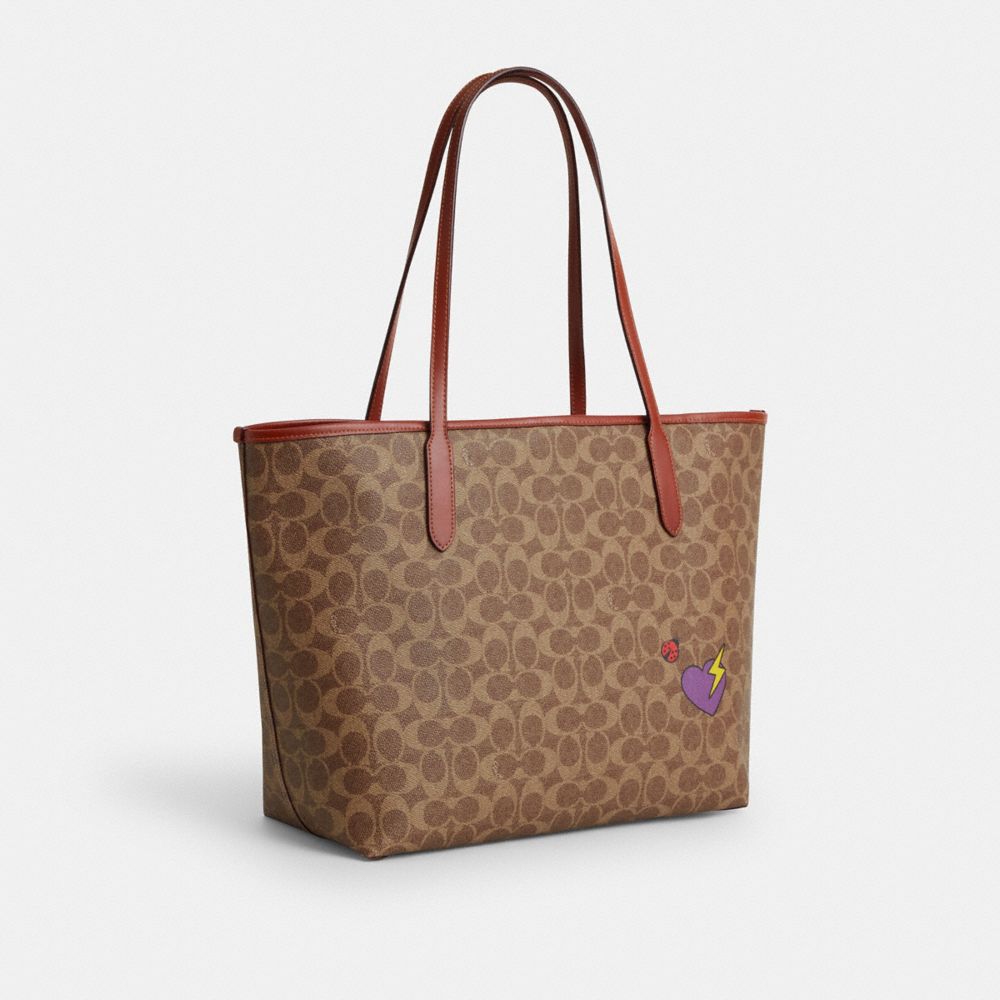 COACH®,City Tote Bag In Signature Canvas With Sticker Print,Tote,Color Block,Piping,Casual,Brown,Angle View