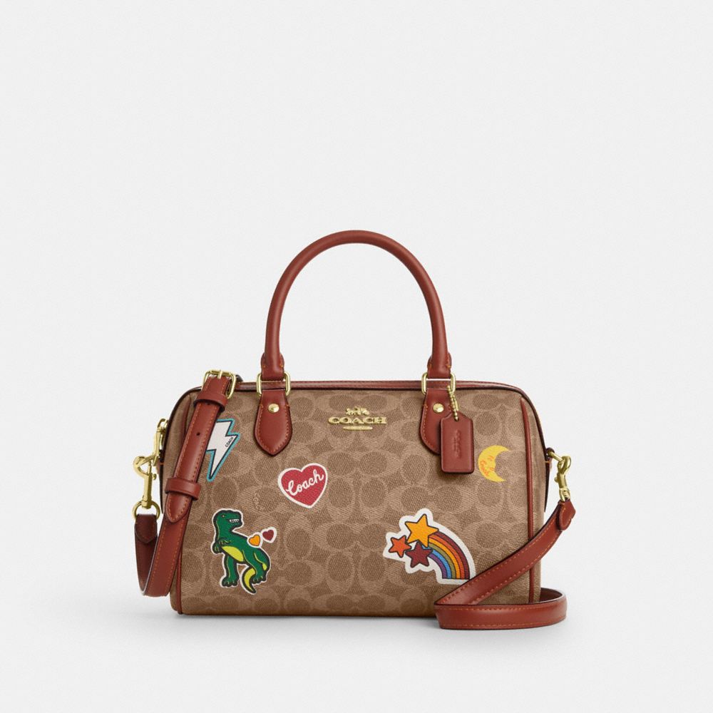 COACH®,Rowan Satchel Bag In Signature Canvas With Sticker Print,Satchel,Color Block,Piping,Casual,Brown,Front View