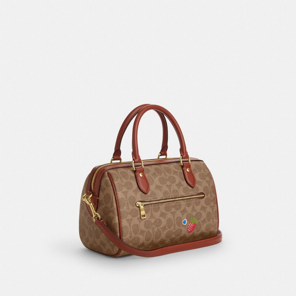 COACH®,Rowan Satchel Bag In Signature Canvas With Sticker Print,Satchel,Color Block,Piping,Casual,Brown,Angle View