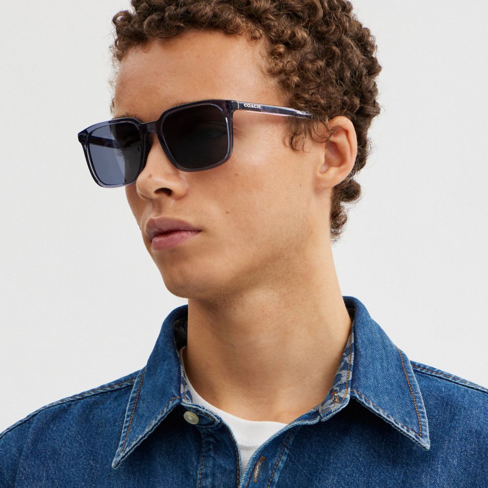 COACH®,Thin Square Sunglasses,Square,Metal,Word Embellishment,Logo,Casual,Black,Angle View