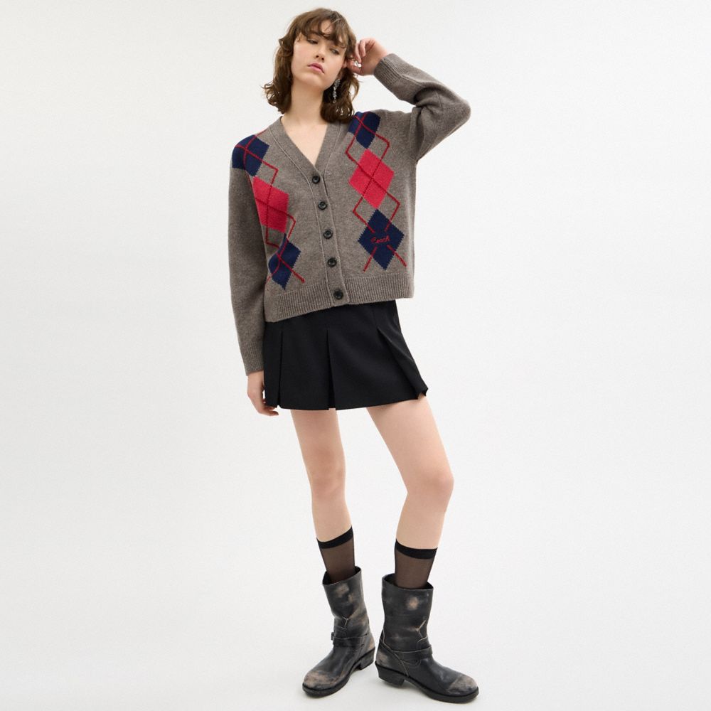 COACH®,Argyle Cardigan Sweater,Wool,Cardigan,Pattern,Logo,Casual,Gray,Scale View