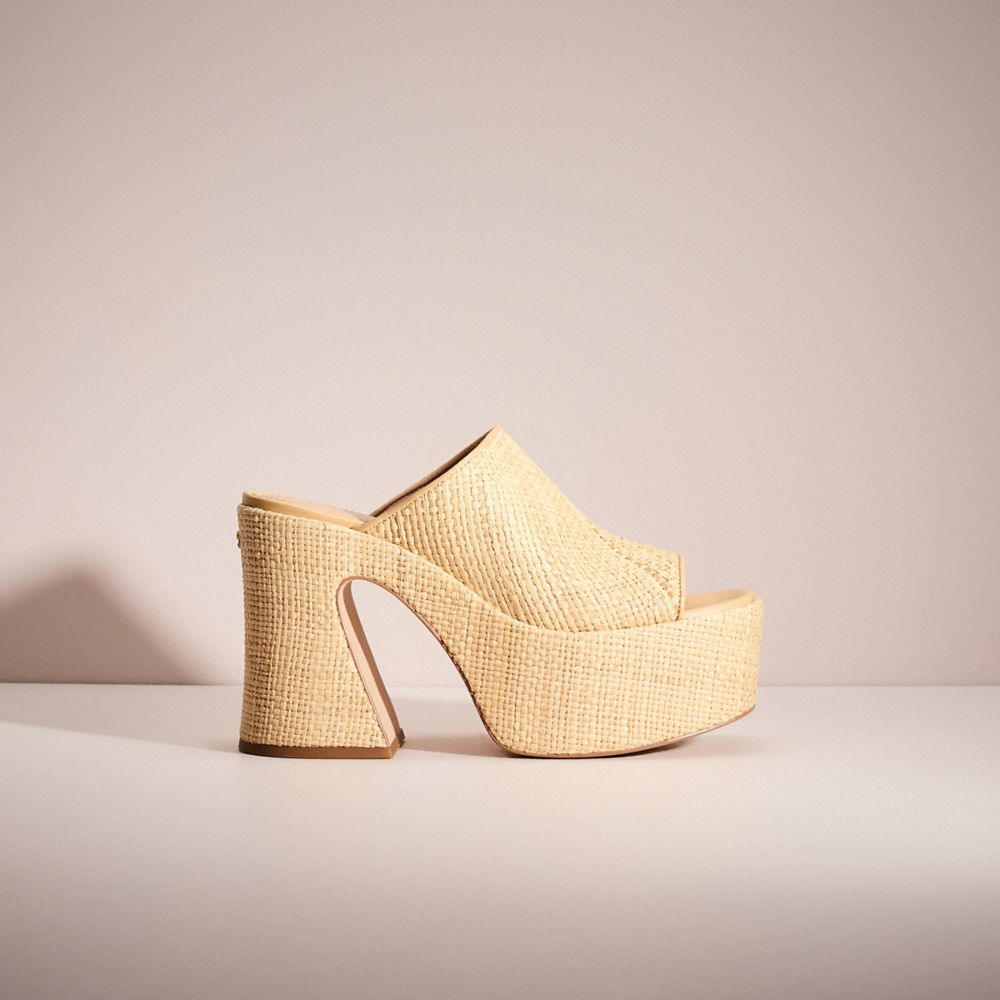 COACH®,Restored Bobi Straw Platform Sandal,Leather,Lining Leather,Rubber,Slides,Straw,Traction,Day Party,Beige,Front View