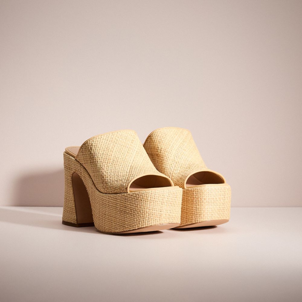 COACH®,Restored Bobi Straw Platform Sandal,Leather,Lining Leather,Rubber,Slides,Straw,Traction,Day Party,Beige,Angle View