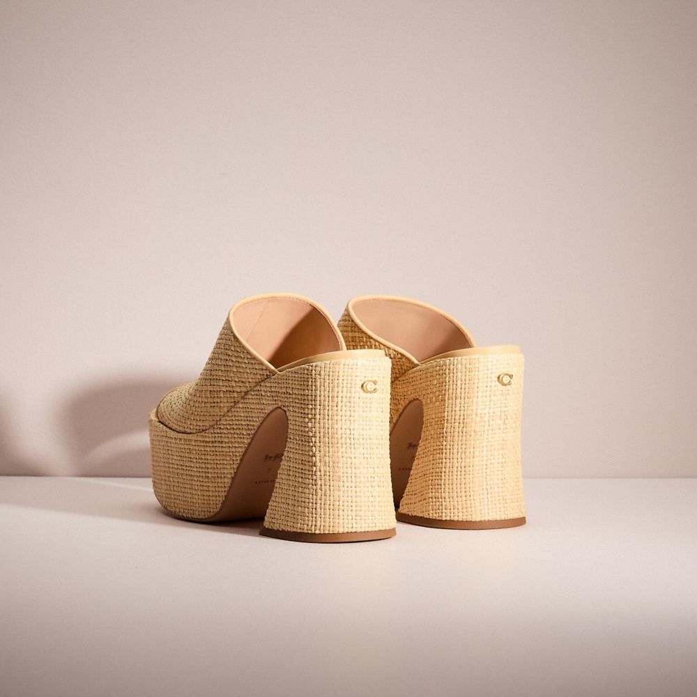 COACH®,Restored Bobi Straw Platform Sandal,Leather,Lining Leather,Rubber,Slides,Straw,Traction,Day Party,Beige,Back View