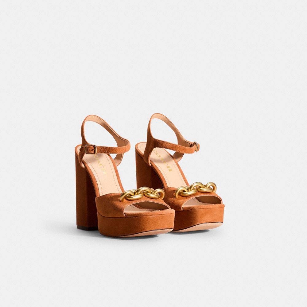 COACH®,Restored Nicolette Sandal,Velvet,Suede,Leather,Lining Leather,Sandals,Fabric,Chain Detail,Day Party,Brown,Angle View