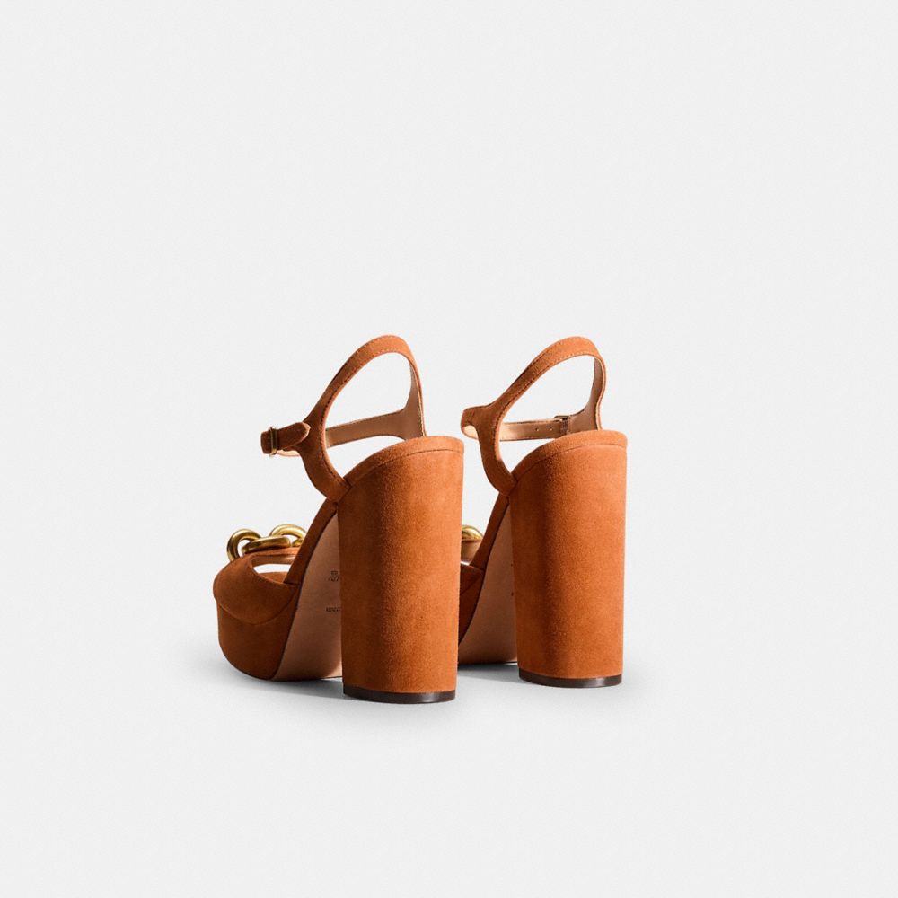 COACH®,Restored Nicolette Sandal,Velvet,Suede,Leather,Lining Leather,Sandals,Fabric,Chain Detail,Day Party,Brown,Back View
