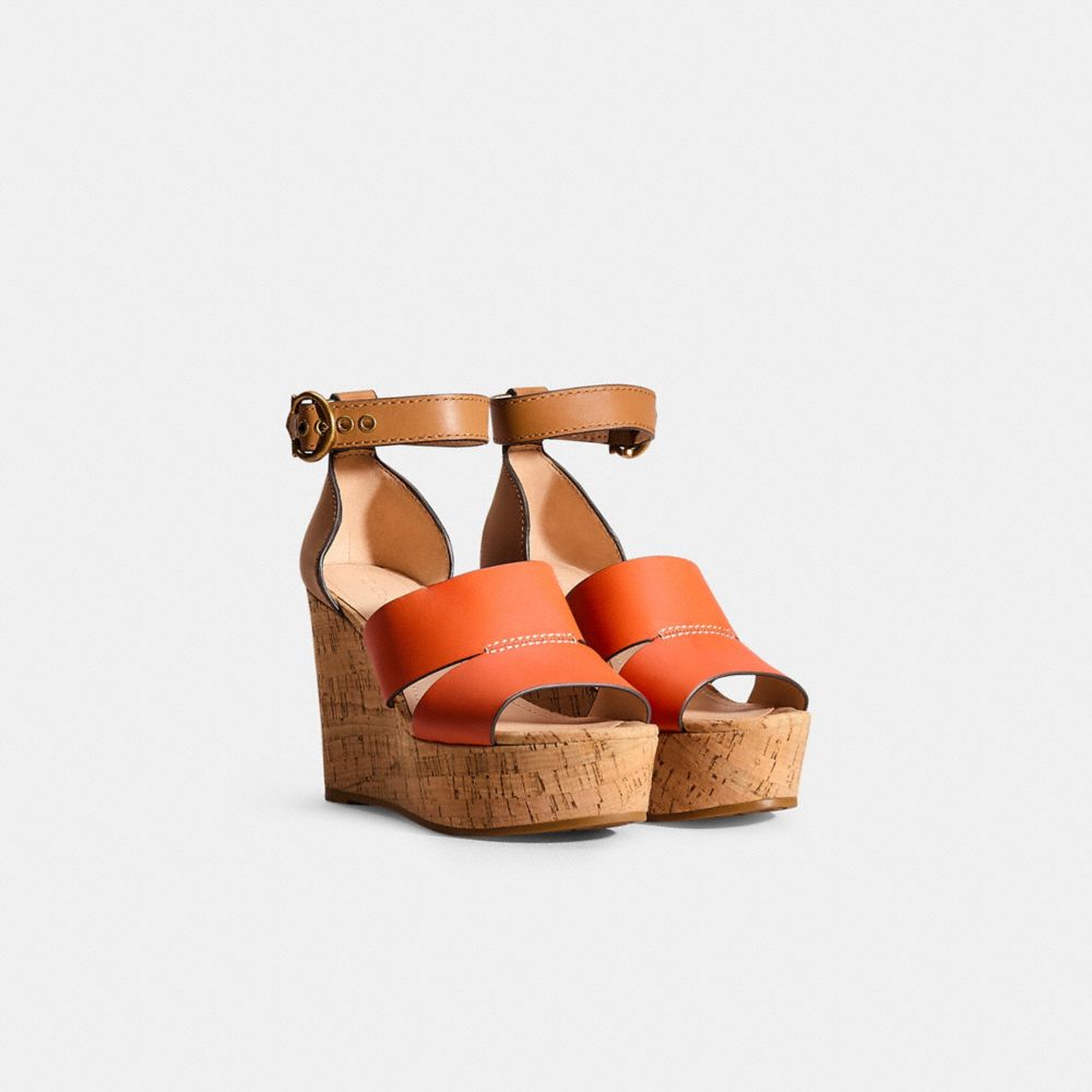 COACH®,Restored Isla Wedge,Leather,Lining Leather,Rubber,Sandals,Cut Out,Stitching,Color Block,Day Party,Multi Color,Angle View
