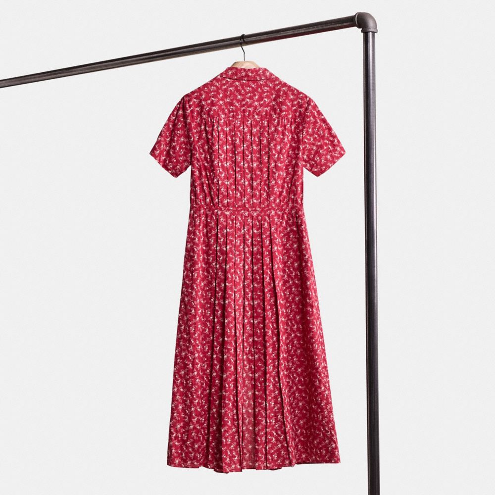 COACH®,Restored 1930's Dress,Viscose,Cotton,Shirt Dress,A-Line,Pleats,Lightweight Spacer Fabric,Day Party,Red,Back View