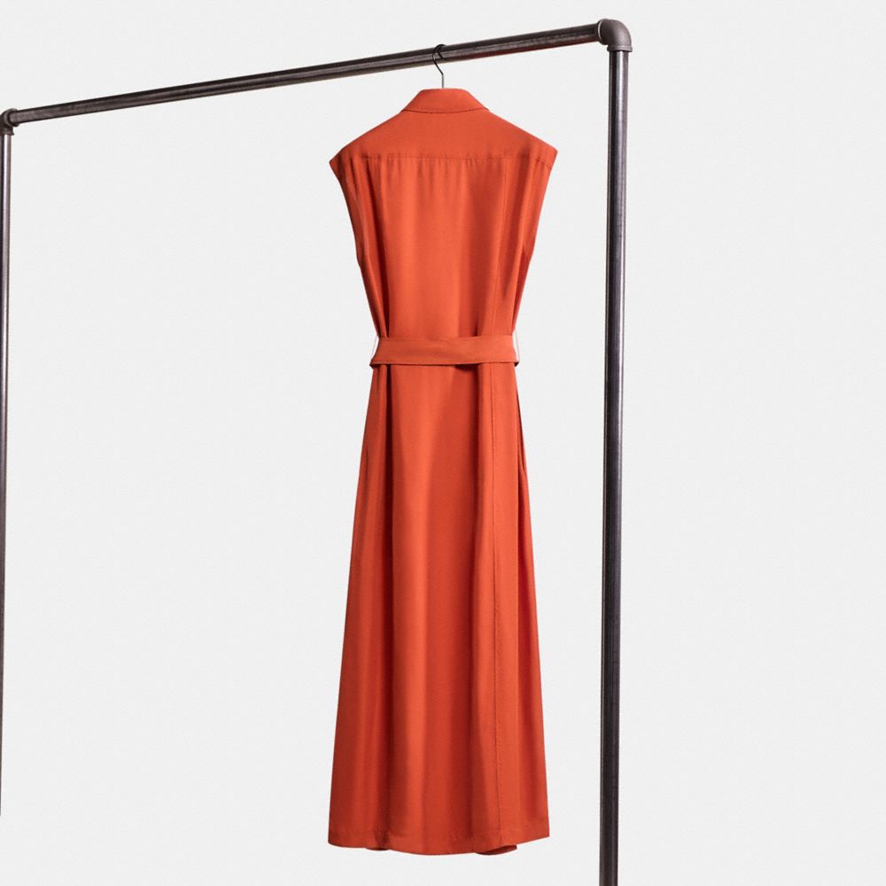COACH®,Restored Long Shirt Dress With Side Slit,Viscose,Shirt Dress,A-Line,Tie Belt,Day Party,Burnt Orange,Back View