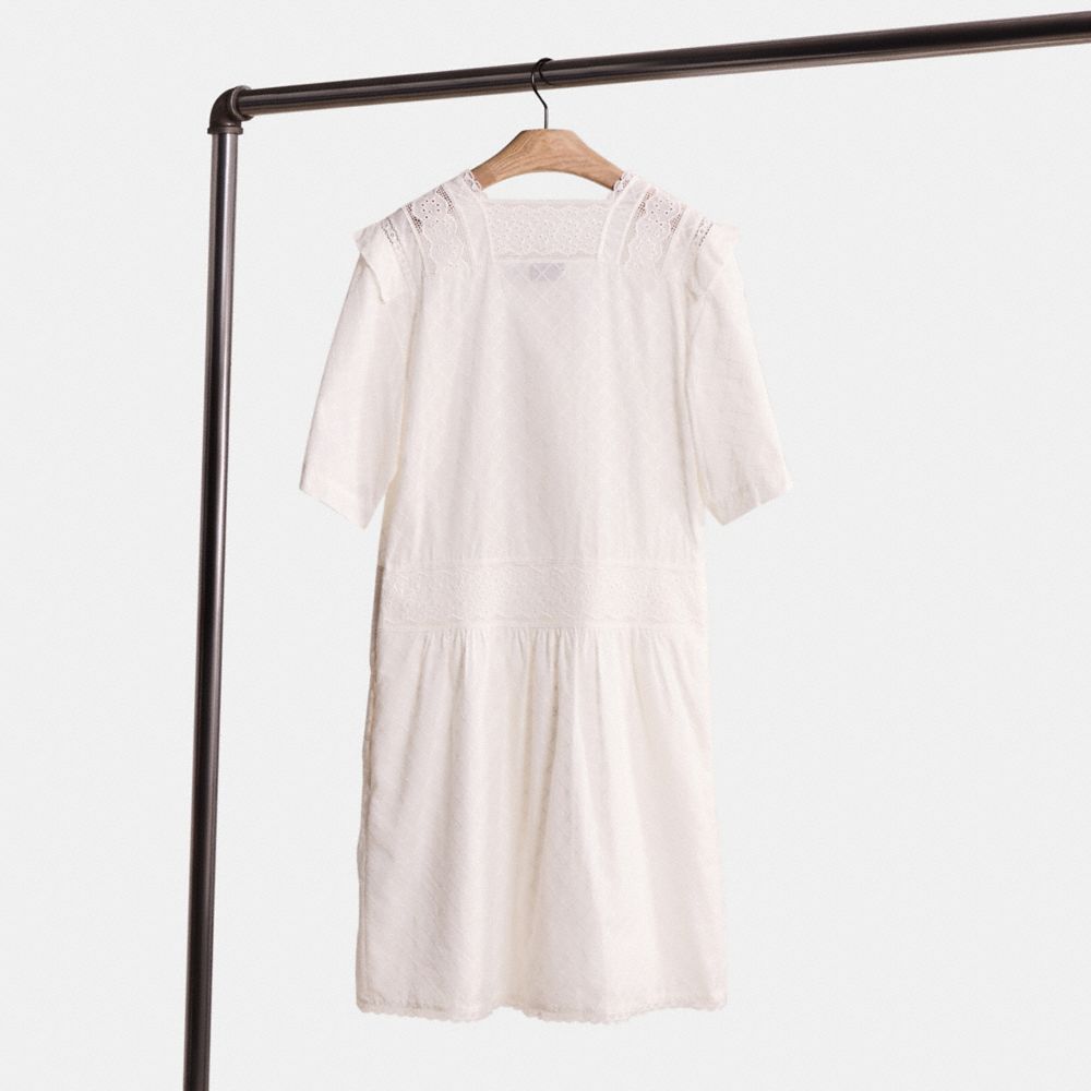 COACH®,Restored Broderie Anglaise Mini Dress,Cotton,A-Line,Lace Embellishment,Scallop,Sheer,Eyelash Trim,Eyelet,Ruched,Day...,White,Back View