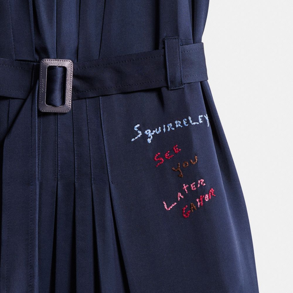 COACH®,Restored Sleeveless Pleated Dress,Viscose,A-Line,Pleats,Embroidered,Lightweight Spacer Fabric,Day Party,Navy,Scale View