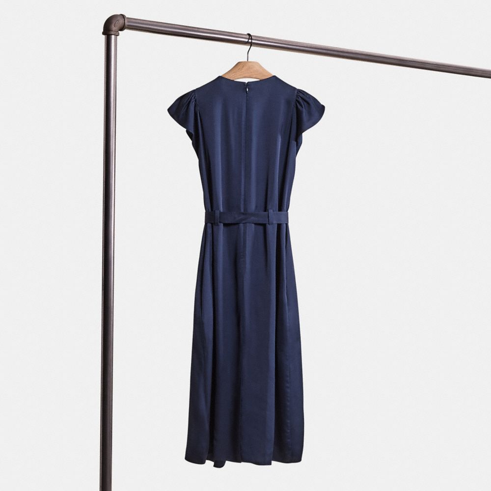 COACH®,Restored Sleeveless Pleated Dress,Viscose,A-Line,Pleats,Embroidered,Lightweight Spacer Fabric,Day Party,Navy,Back View