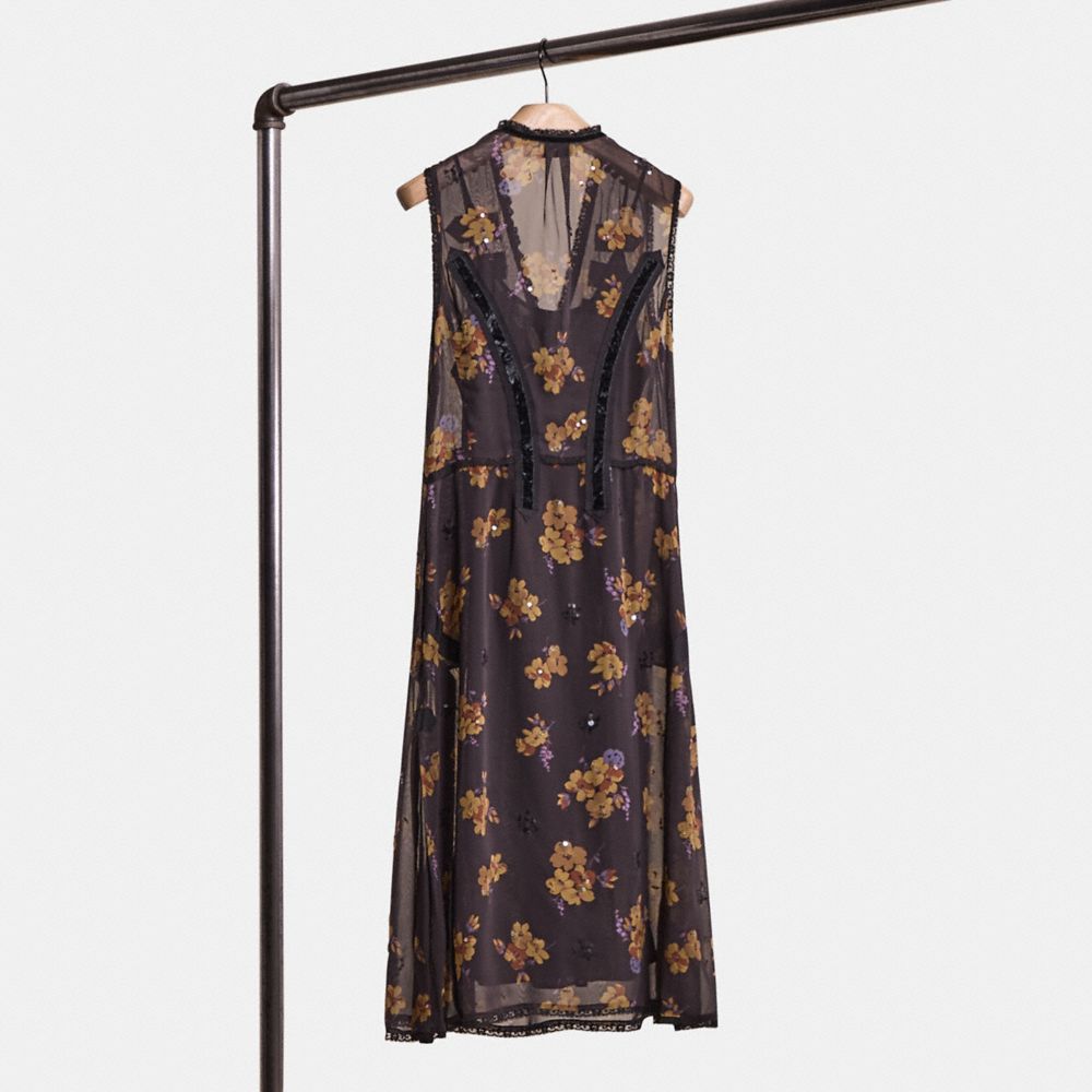 COACH®,Restored Forest Floral Print Military Dress,Cupro,Lining Polyester,A-Line,Button,Mixed Media,Sheer,Sequin,Lace Embe...,Black,Back View